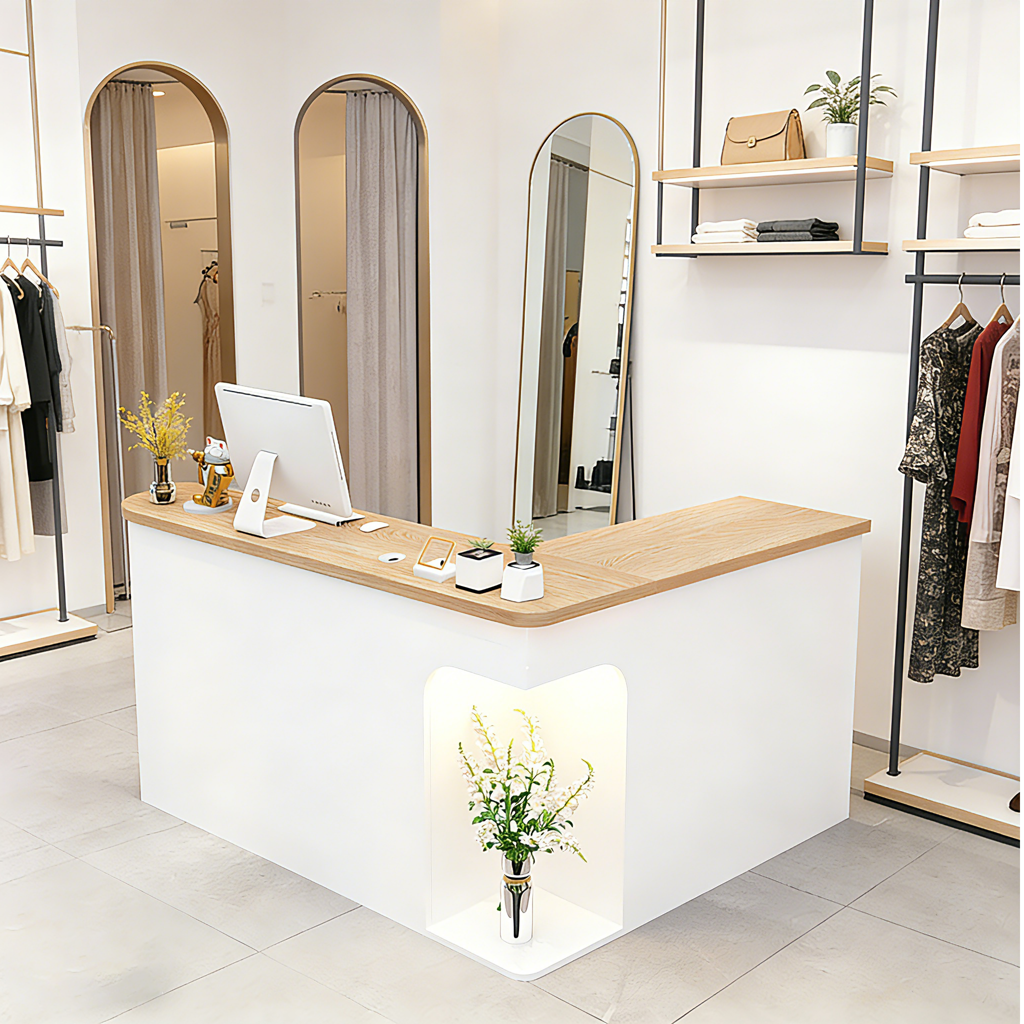 Chic L-Shaped Big Storage Simple Natural + White Reception for Clothing Shop
