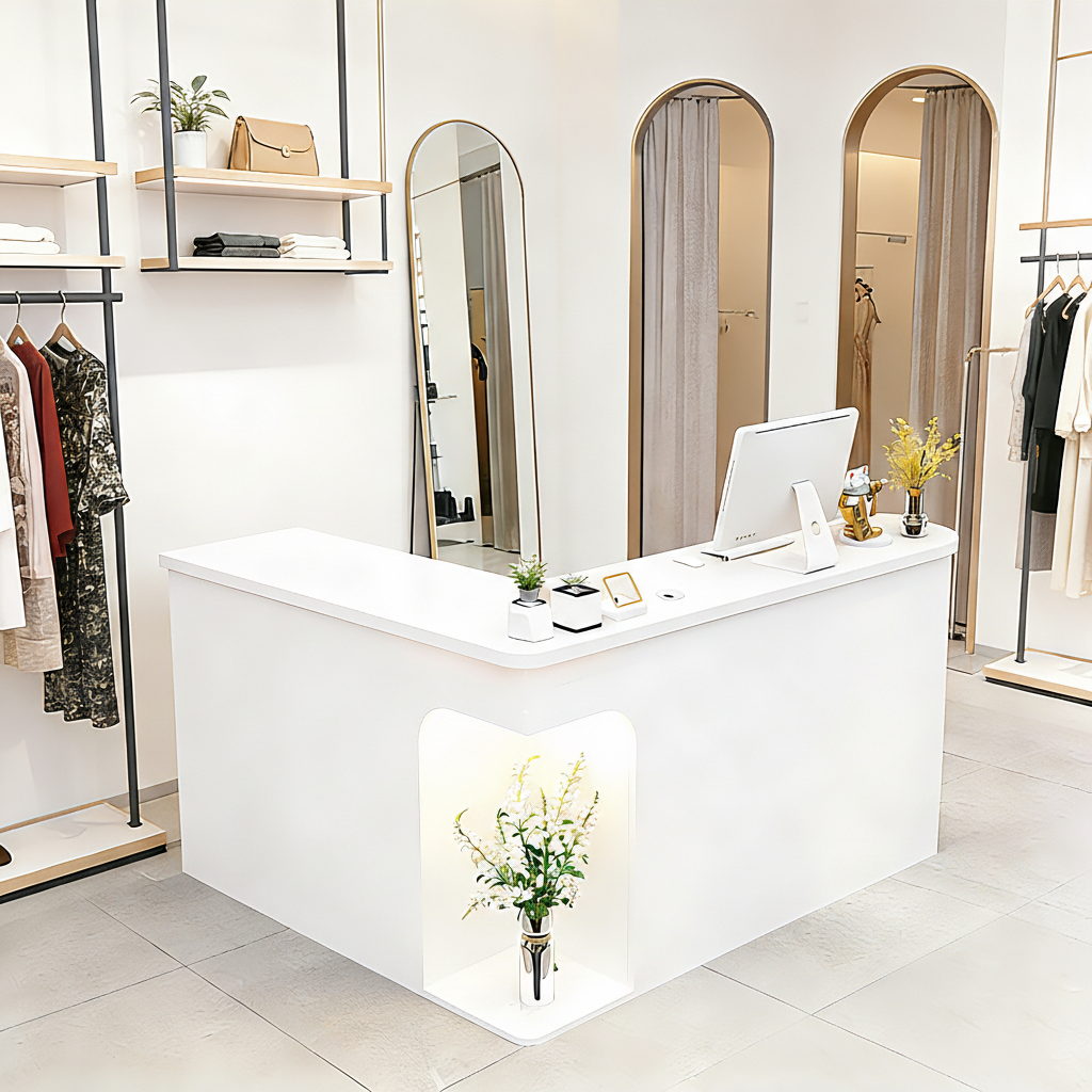 Chic L-Shaped Big Storage Simple  White Reception for Clothing Shop