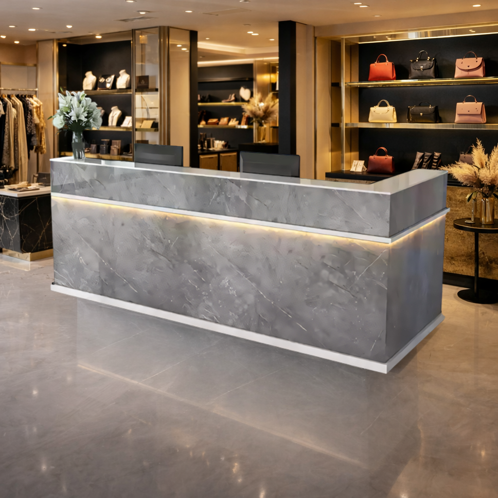 Classic-Modern Retail Bar White + Grey Marble Finish Reception Counter