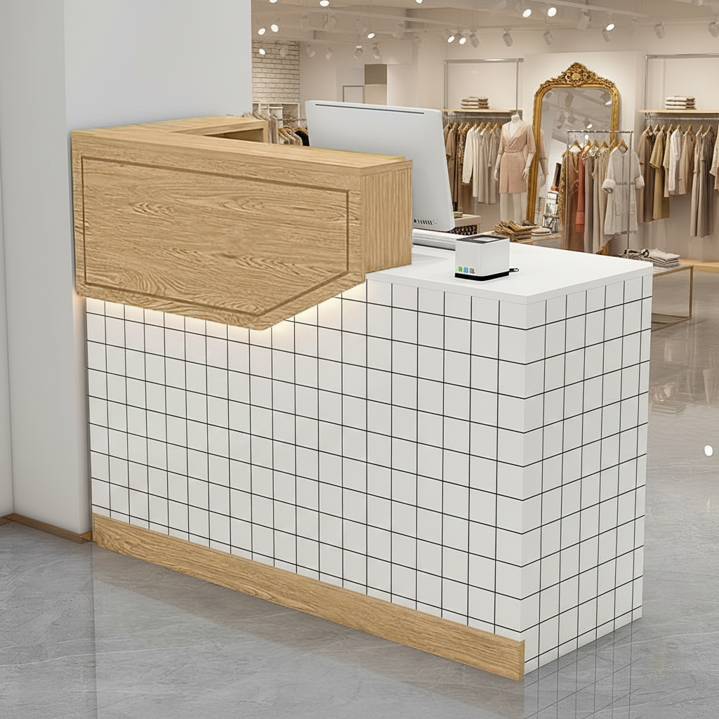 Compact Maple + White Reception Counter with LED Light and Checkered Finish for Clothing Shop