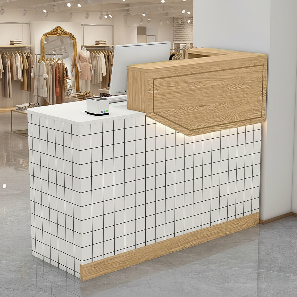 Compact Maple + White Reception Counter with LED Light and Checkered Finish for Retail Shop