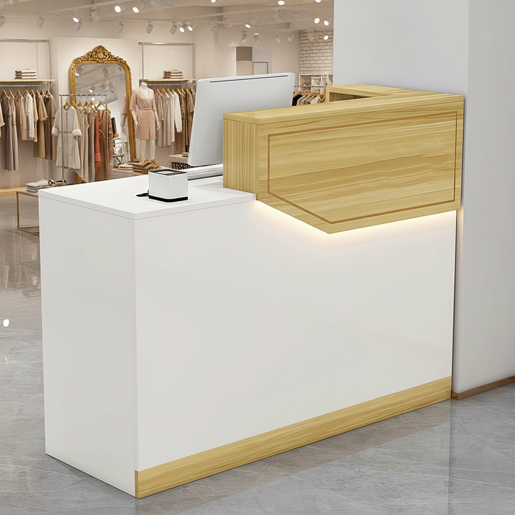 Compact Natural + White Reception Counter with LED Light for Clothing Shop