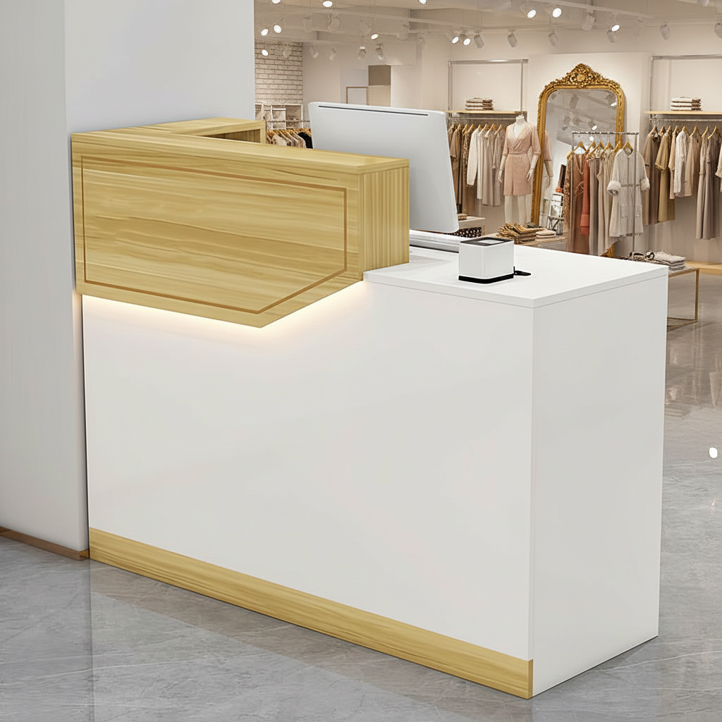 Compact Natural + White Reception Counter with LED Light for Retail Shop