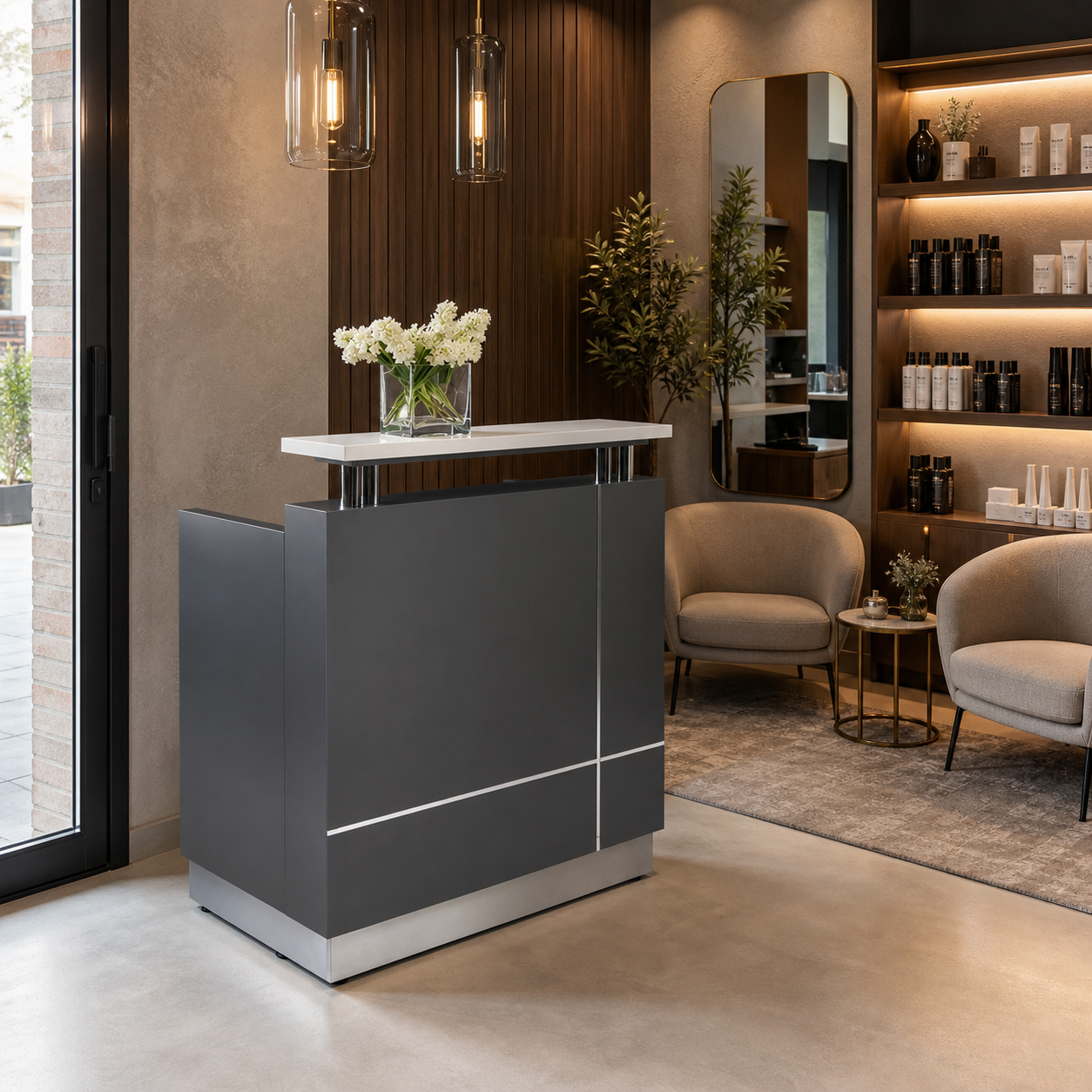 Compact Reception Desk with Raised Display Shelf RD-285