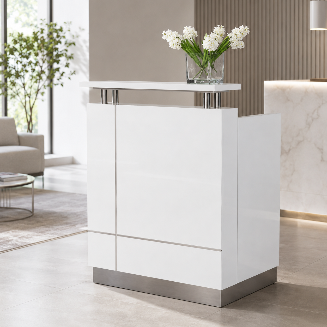 Compact Reception Desk with Raised Display Shelf RD-285