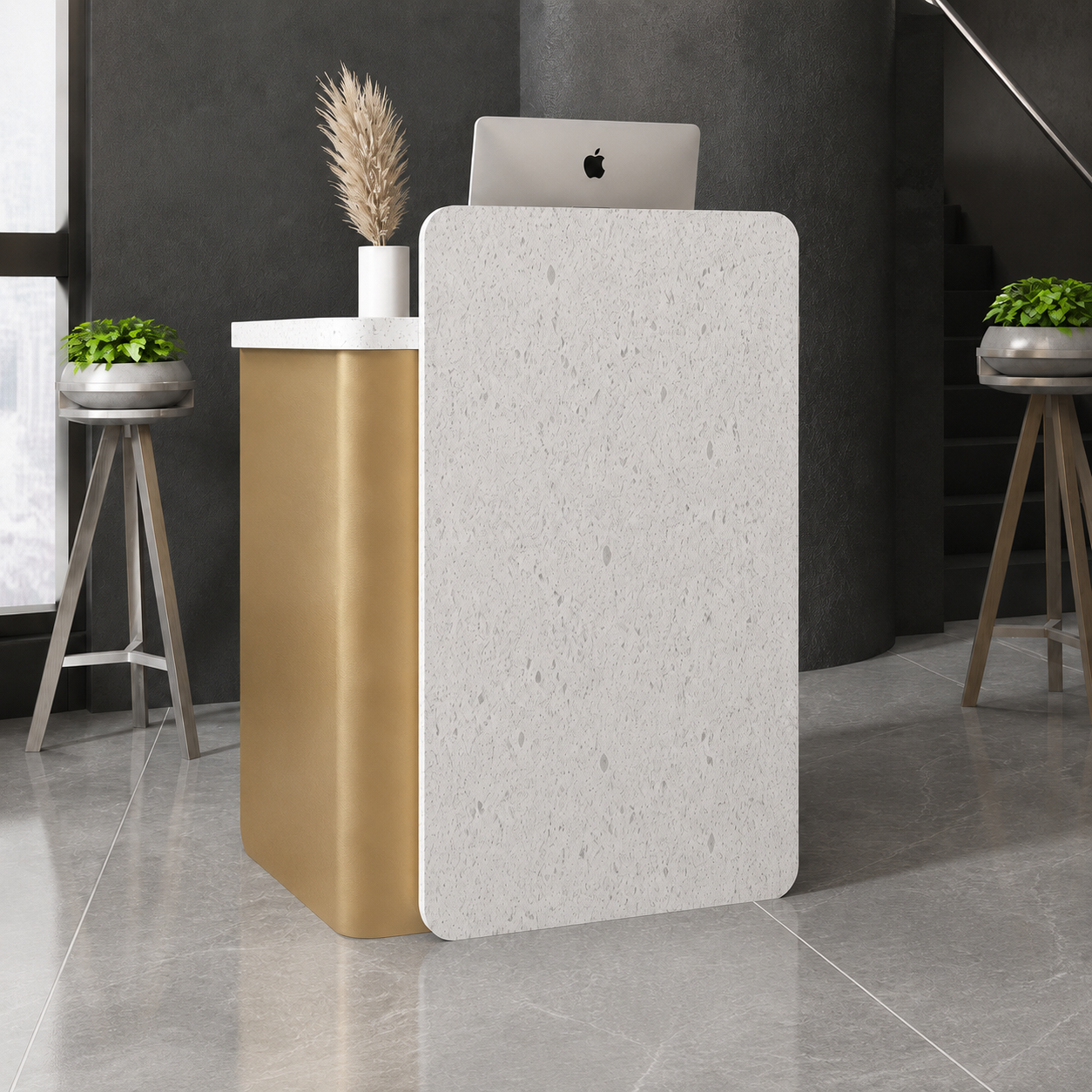 Compact Reception Desk with Stone Texture Front and LED Accent RD-276