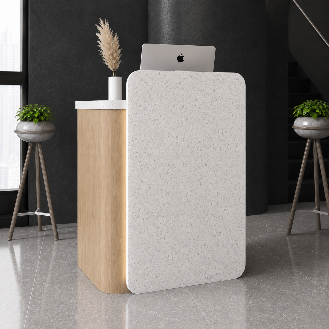 Compact Reception Desk with Stone Texture Front and LED Accent RD-276