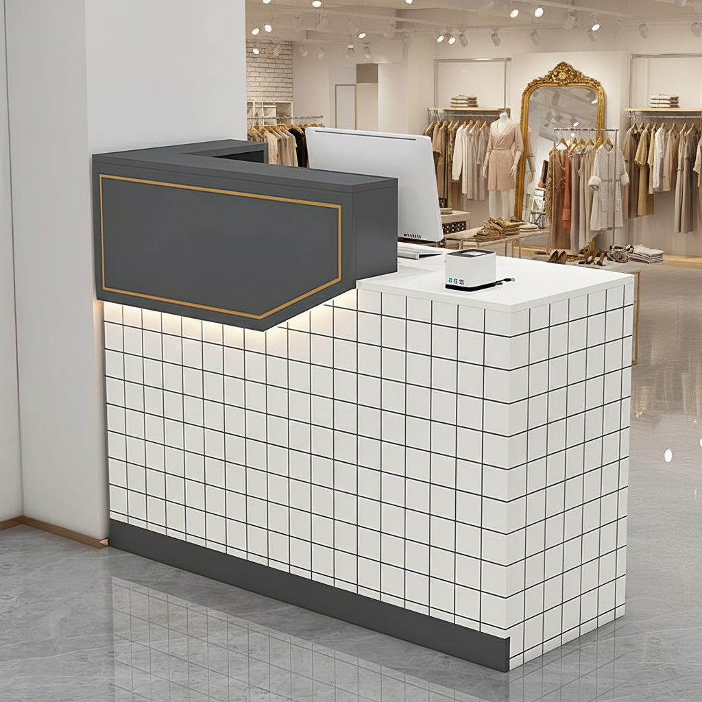 Compact White + Grey Reception Counter with LED Light and Checkered Finish for Clothing Shop