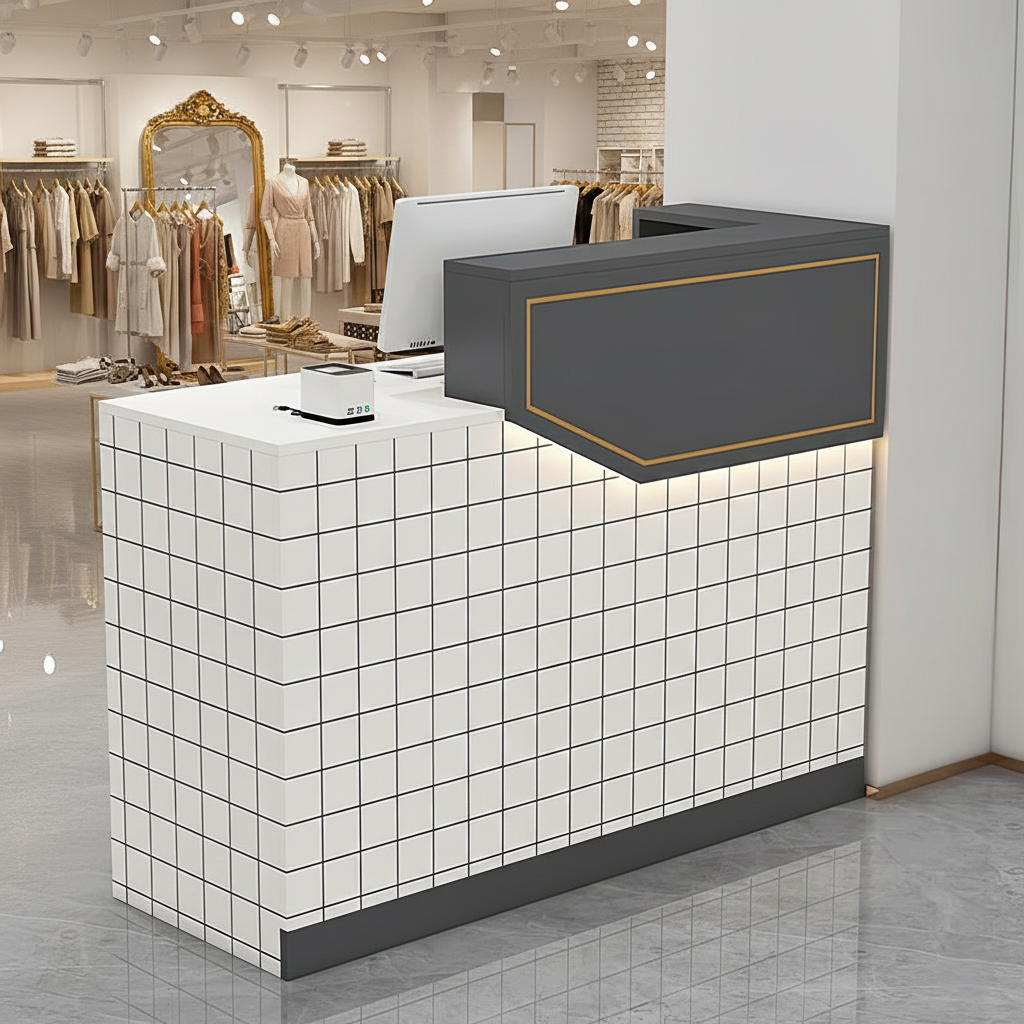 Compact White + Grey Reception Counter with LED Light and Checkered Finish for Retali Shop