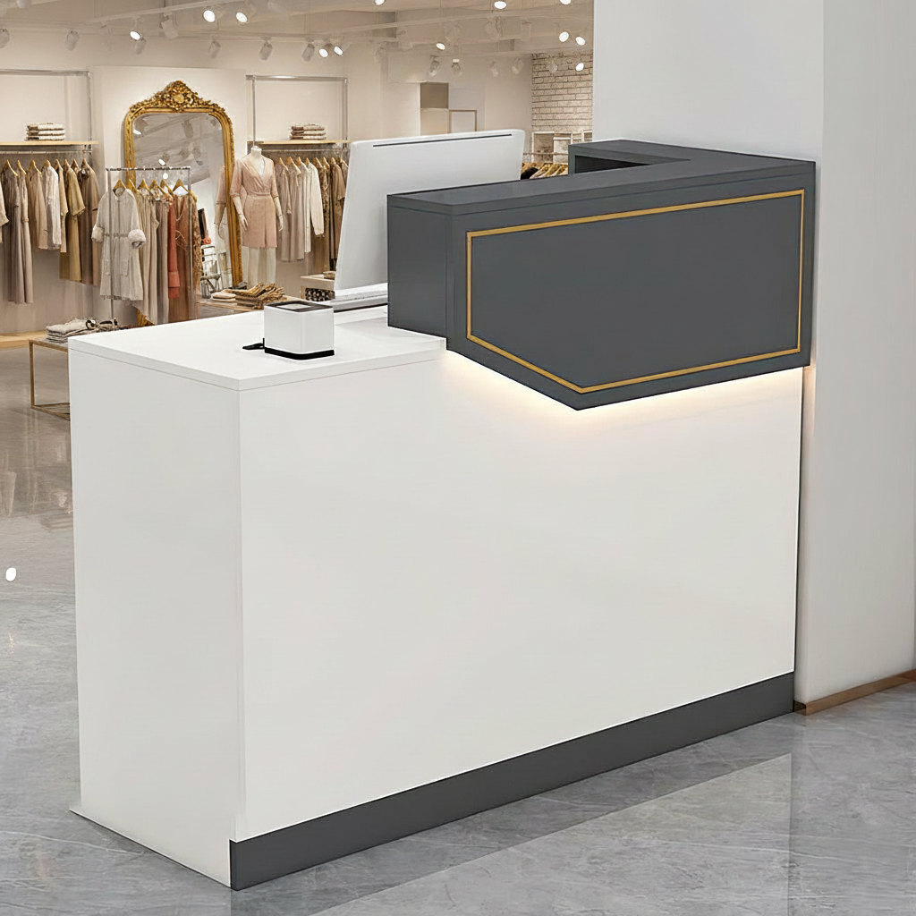 Compact White + Grey Reception Counter with LED Light for Clothing Shop