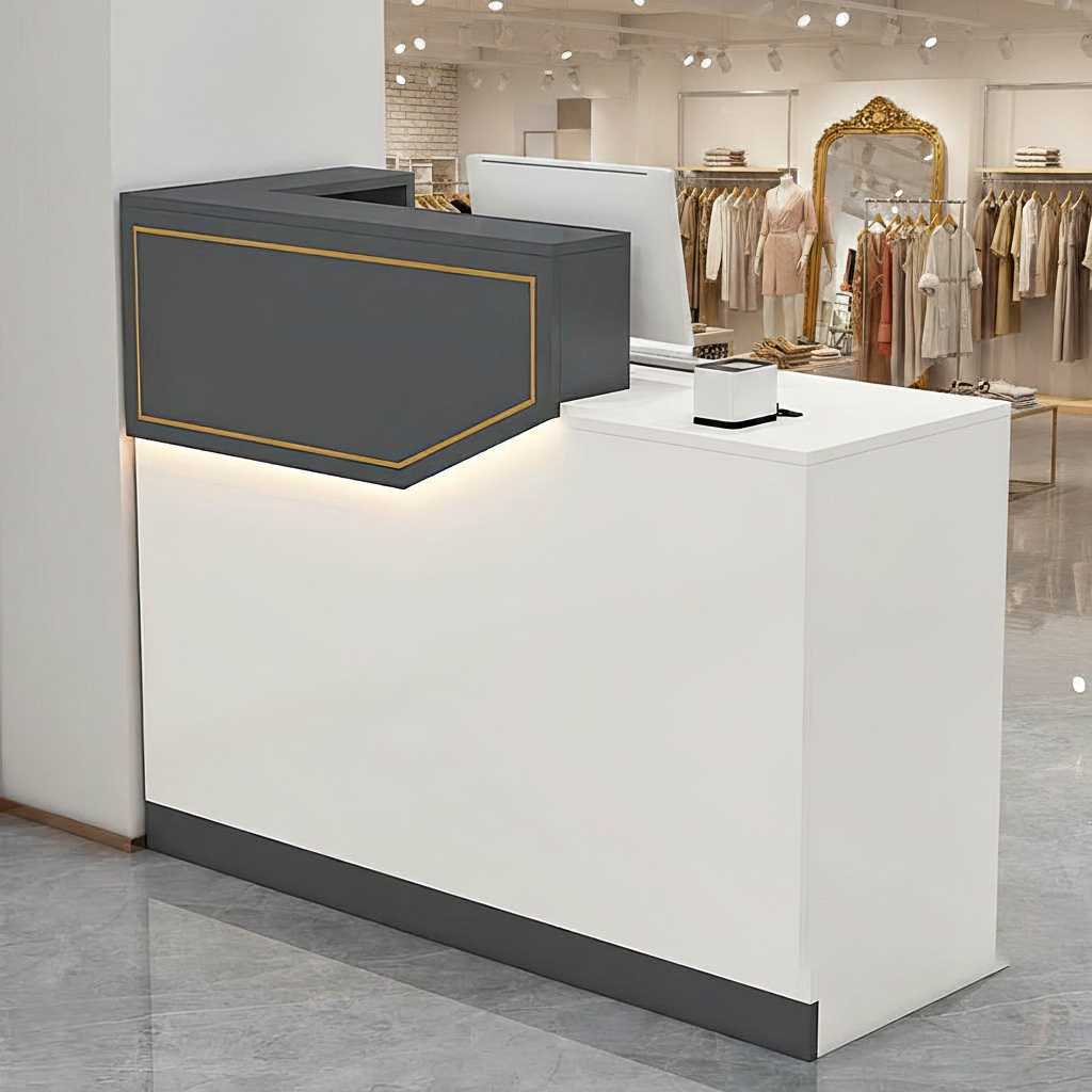 Compact White + Grey Reception Counter with LED Light for Retail Shop