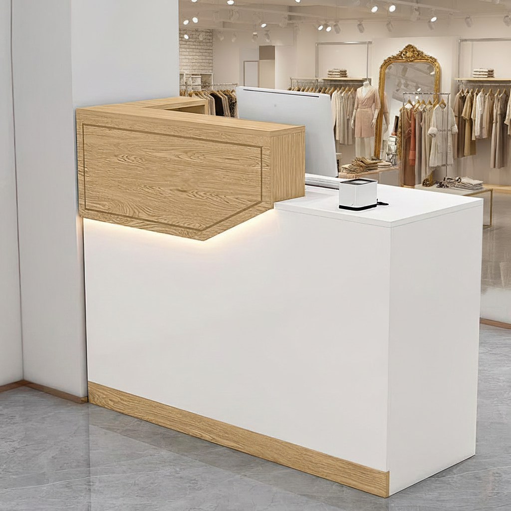 Compact White + Maple Reception Counter with LED Light for Clothing Shop