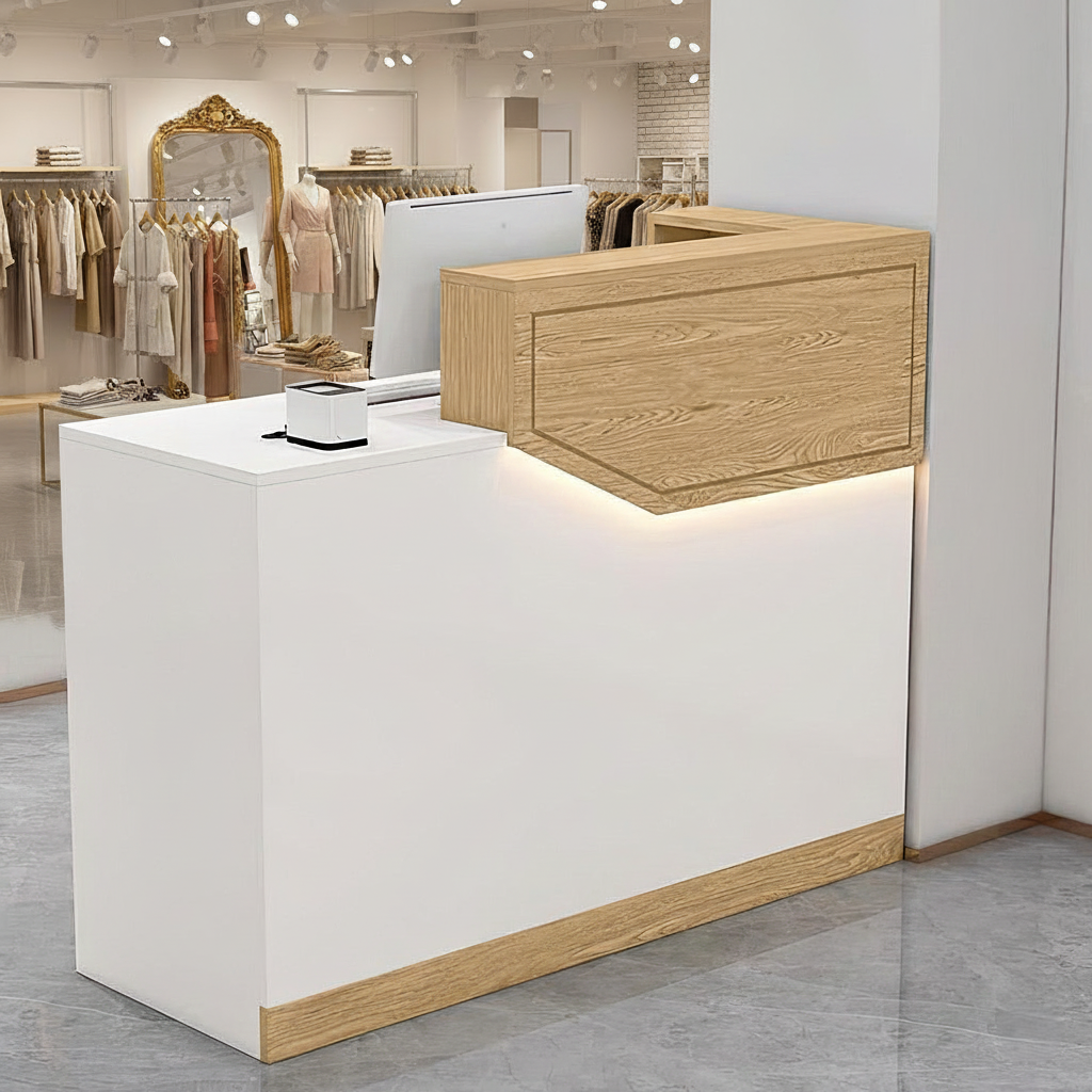 Compact White + Maple Reception Counter with LED Light for Retail Shop