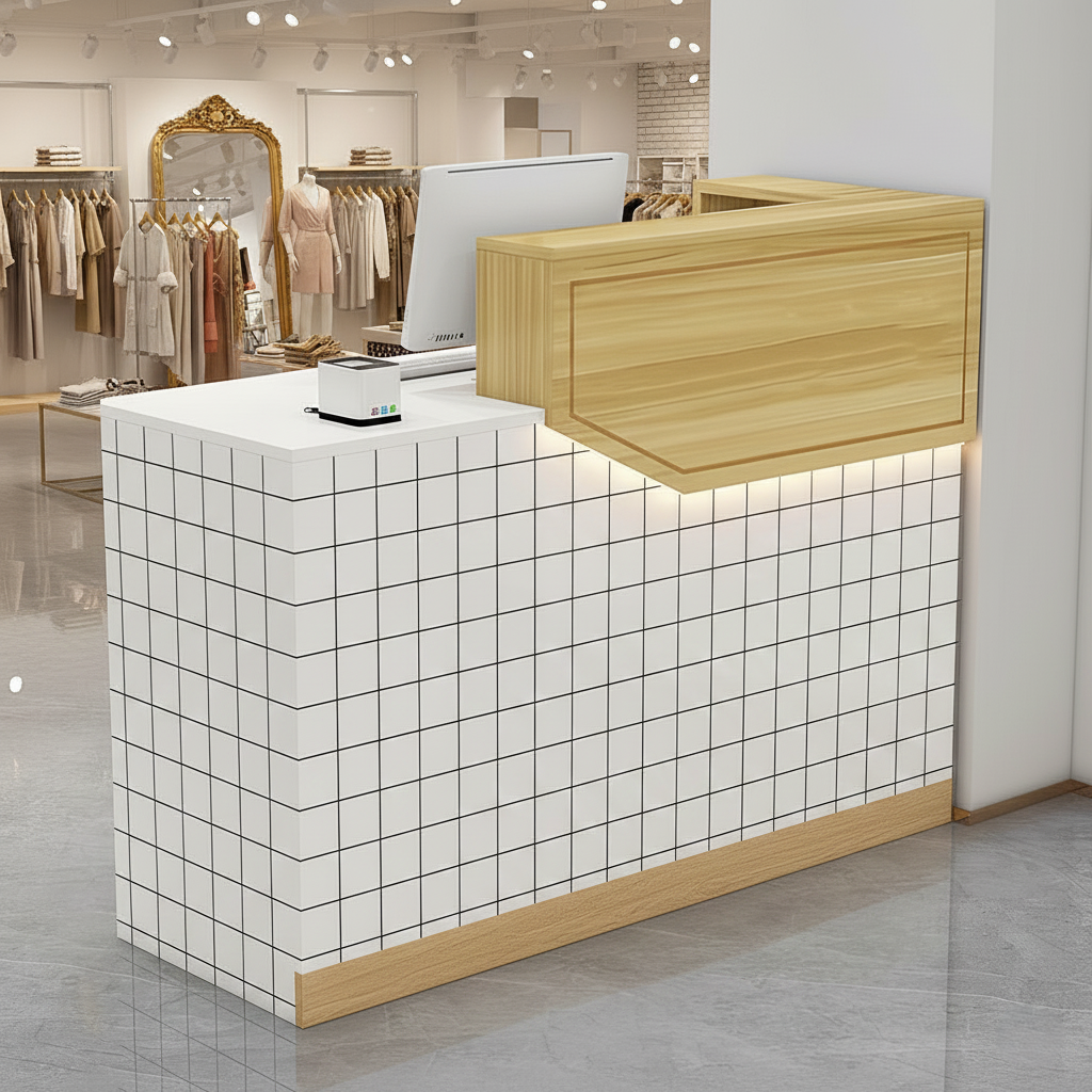 Compact White + Natural Reception Counter with LED Light and Checkered Finish for Clothing Shop