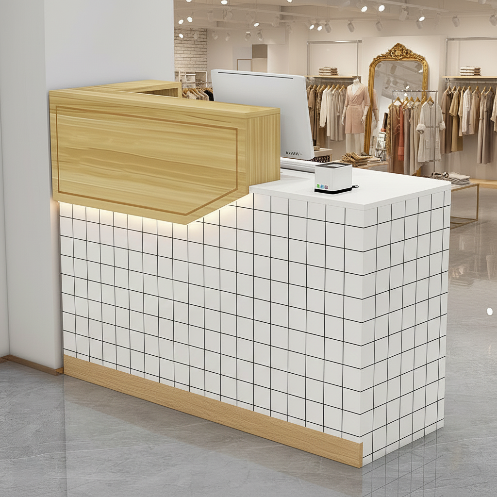 Compact White + Natural Reception Counter with LED Light and Checkered Finish for Retali Shop