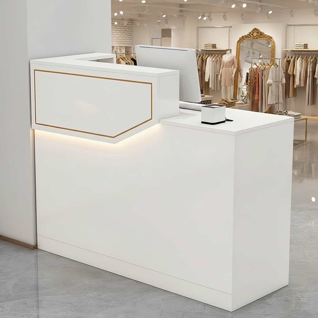 Compact White Reception Counter with LED Light for Clothing Shop