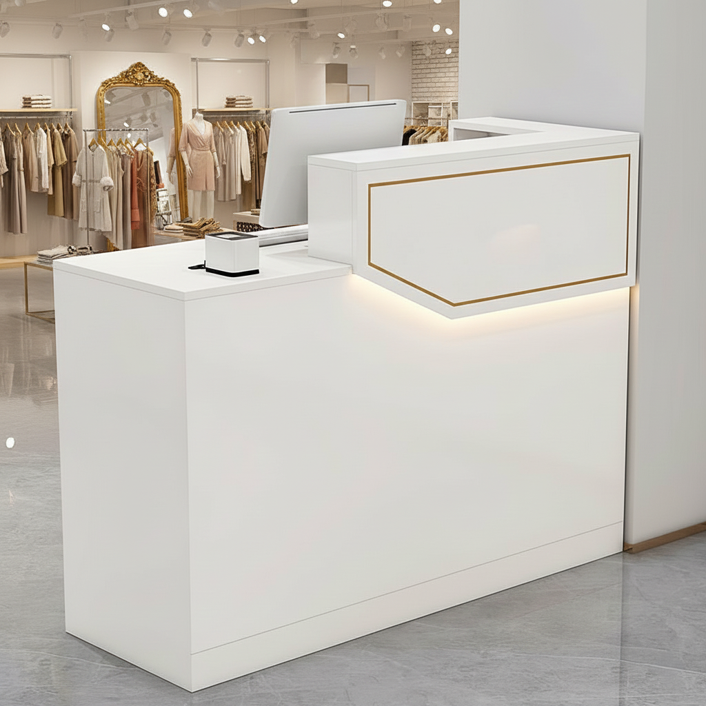 Compact White Reception Counter with LED Light for Retail Shop