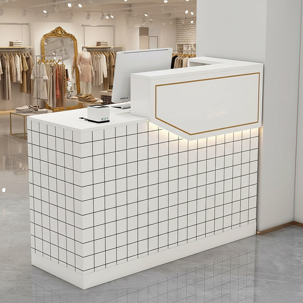 Compact White + White Reception Counter with LED Light and Checkered Finish for Clothing Shop
