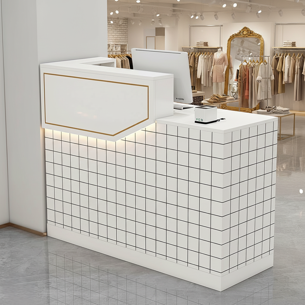 Compact White + White Reception Counter with LED Light and Checkered Finish for Retail Shop