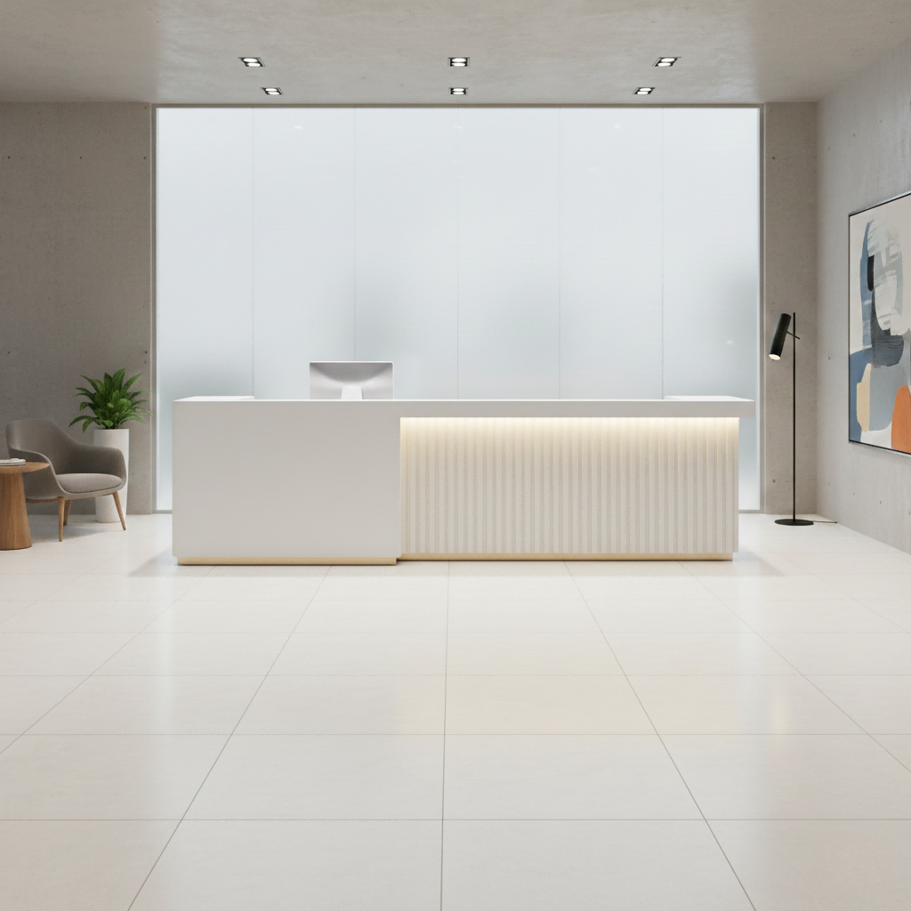 Contemporary Fluted Beige Baked Finish Reception Desk with LED Lighting