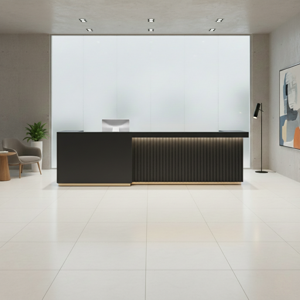 Contemporary Fluted Black Baked Finish Reception Desk with LED Lighting