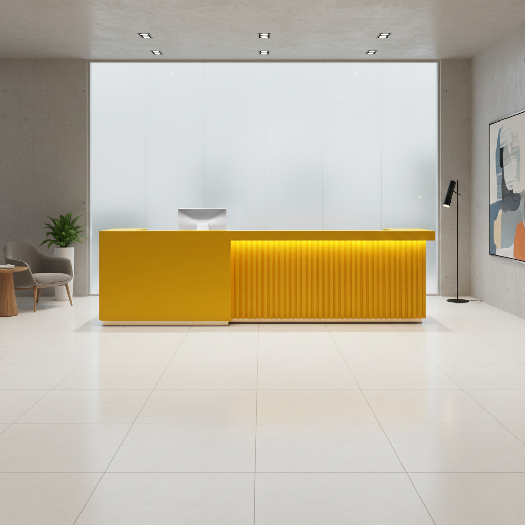 Contemporary Fluted Yellow Baked Finish Reception Desk with LED Lighting