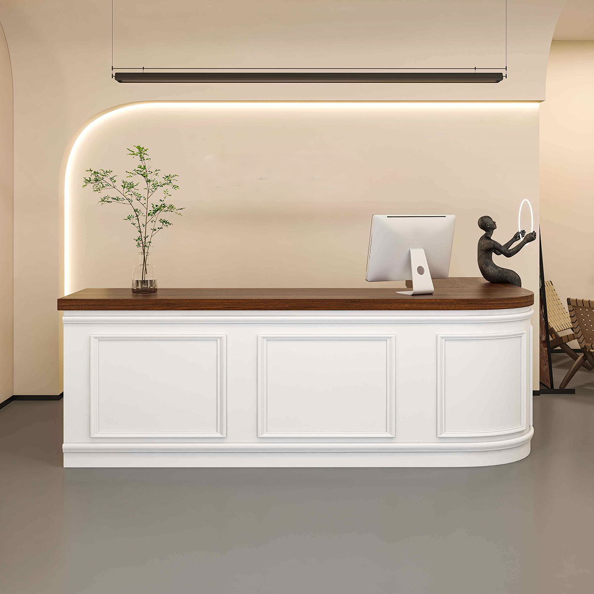 Curved French-Style with Grid Finish White + Brown Corner Desk for Salon