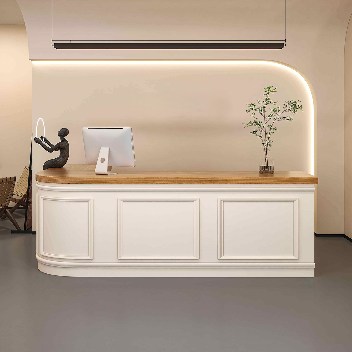 Curved French-Style with Grid Finish White + Natural Corner Desk for Salon