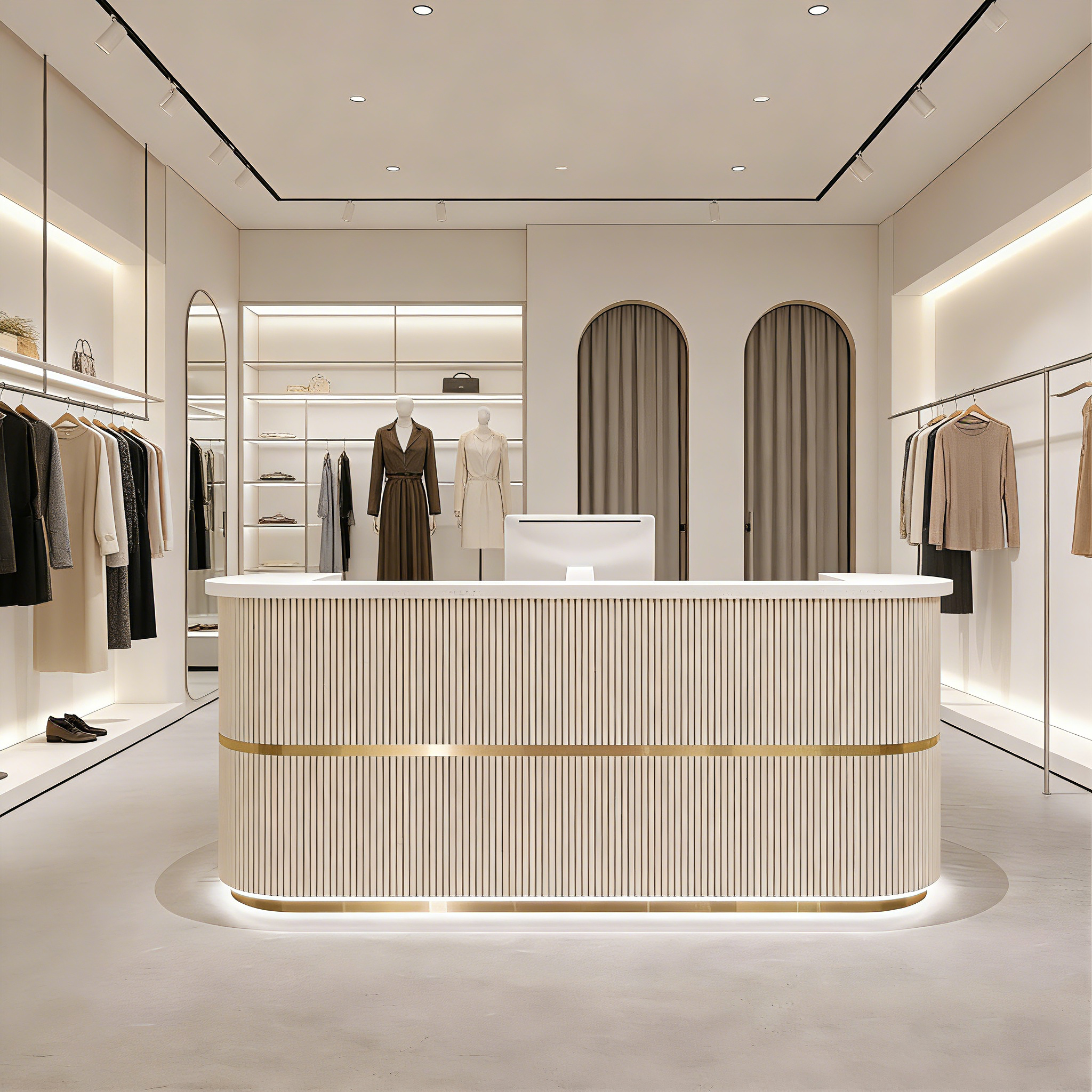 Curved Fully Assembled Beige Reception Desk with LED Lights for Clothing Store