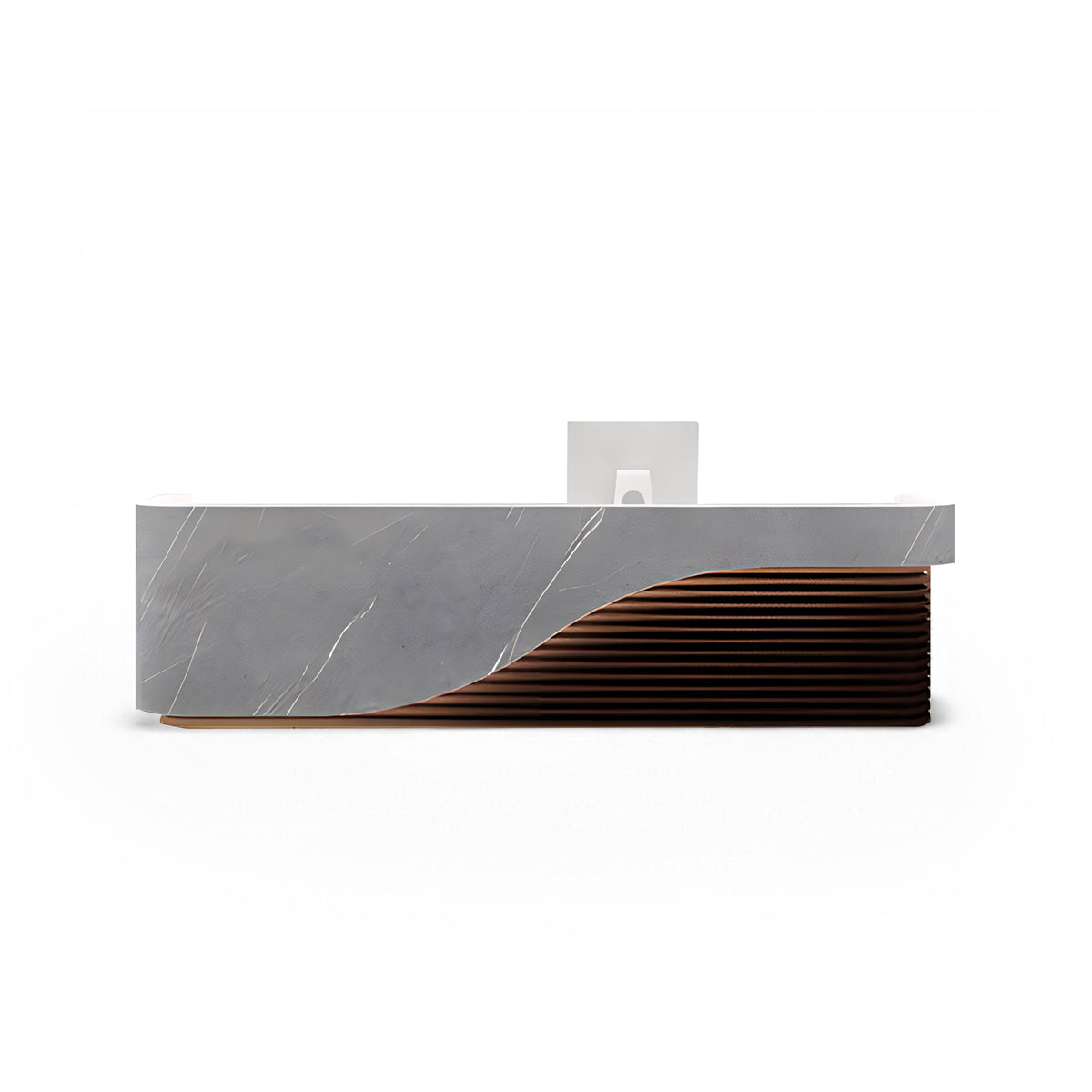 Curved Minimalist Gray Marble + Black Walnut Reception Desk for Corporate Reception