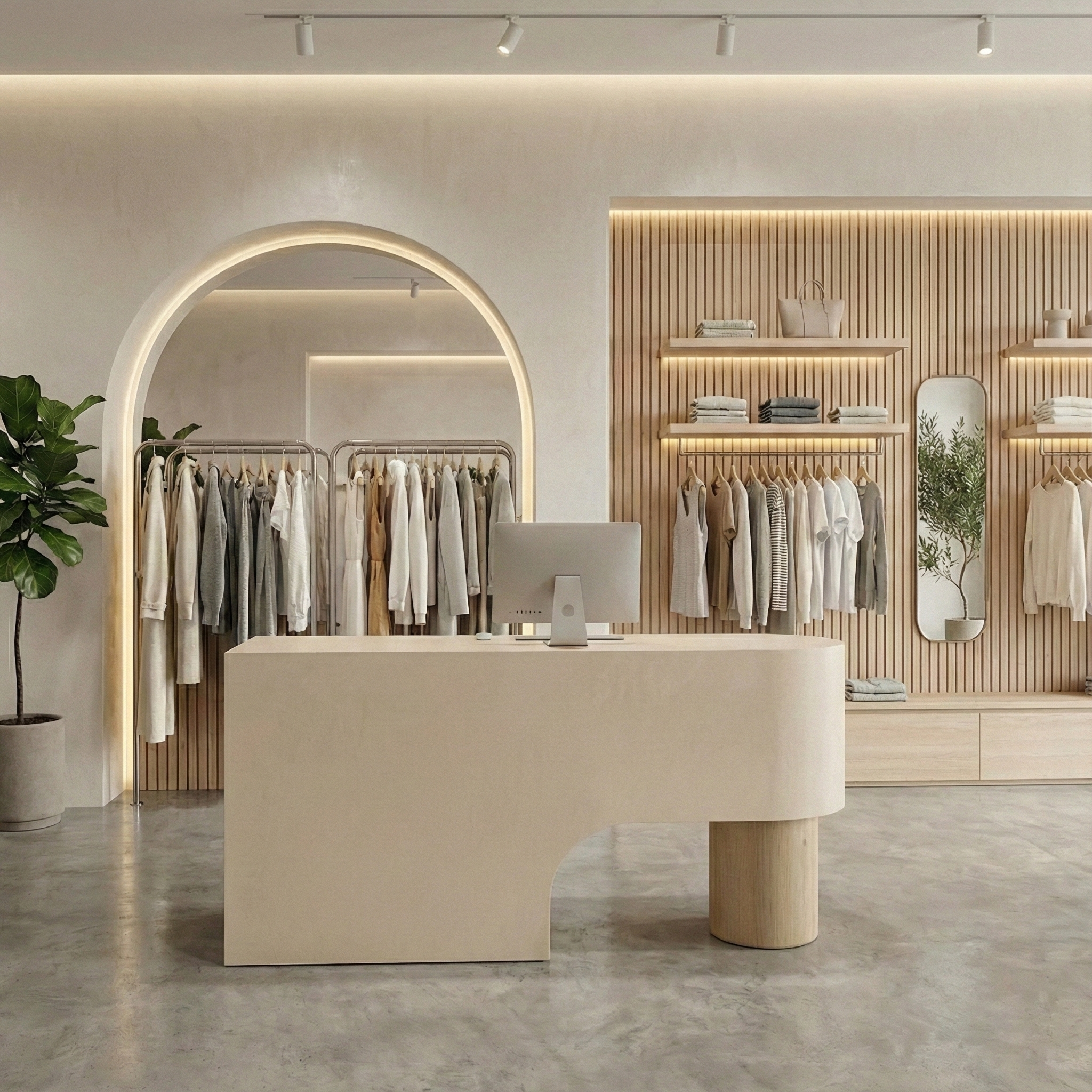 Curved Minimalist Lacquer Natural + White Reception Desk for Clothing Shop