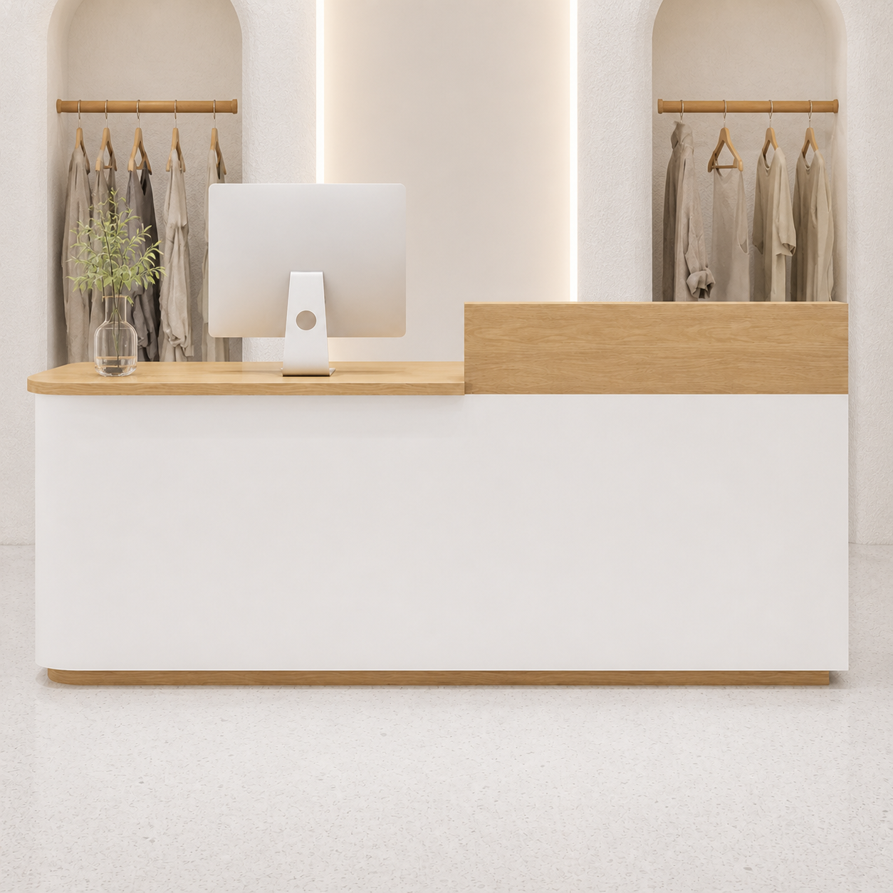 Curved reception desk in natural wood and white finish with privacy screen on right