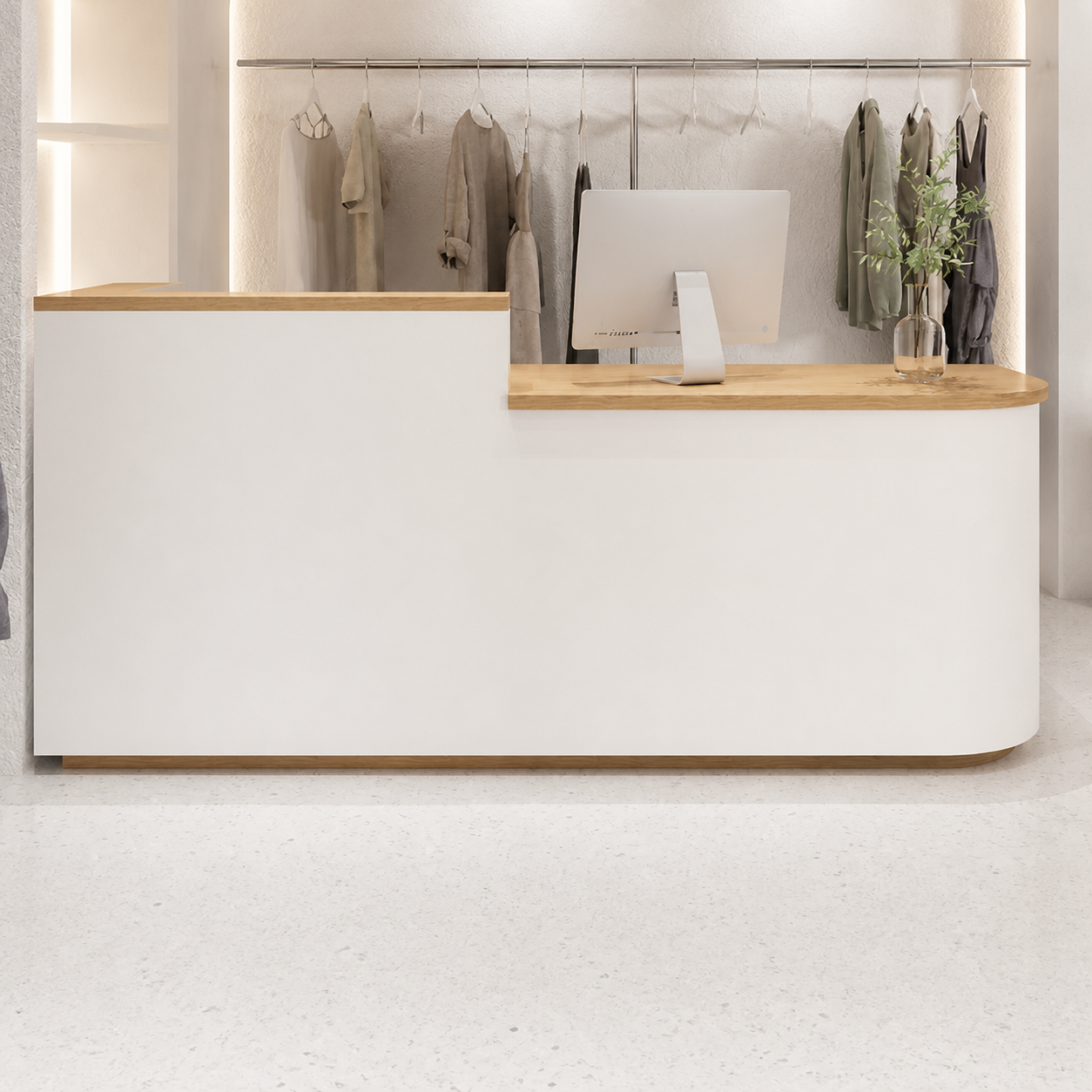 Curved reception desk in white with natural wood worktops with privacy screen on left