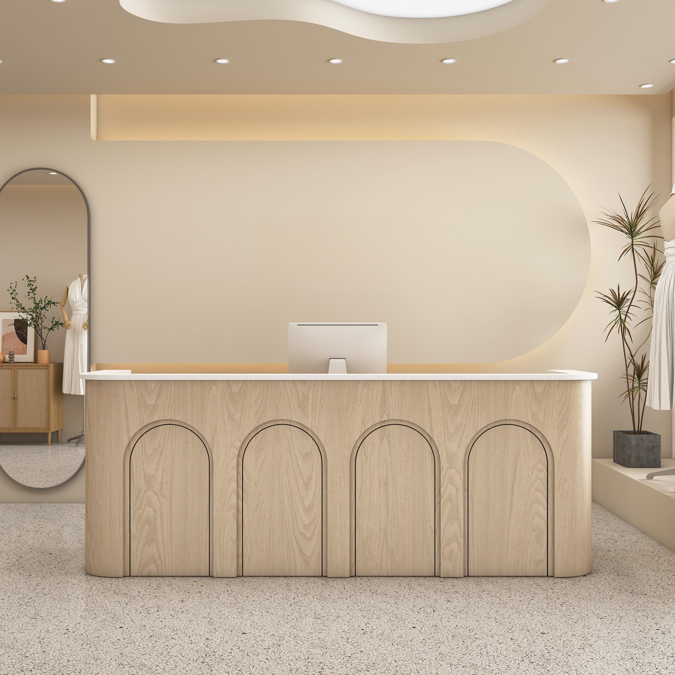 Curved Wood Grain with Arched Panel Design Natural Reception Desk for Clothing Shop