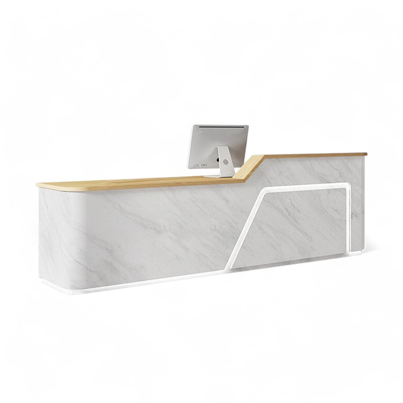 Curved Wood + Marble Gray Reception Desk for Office Front & Lobby Areas  