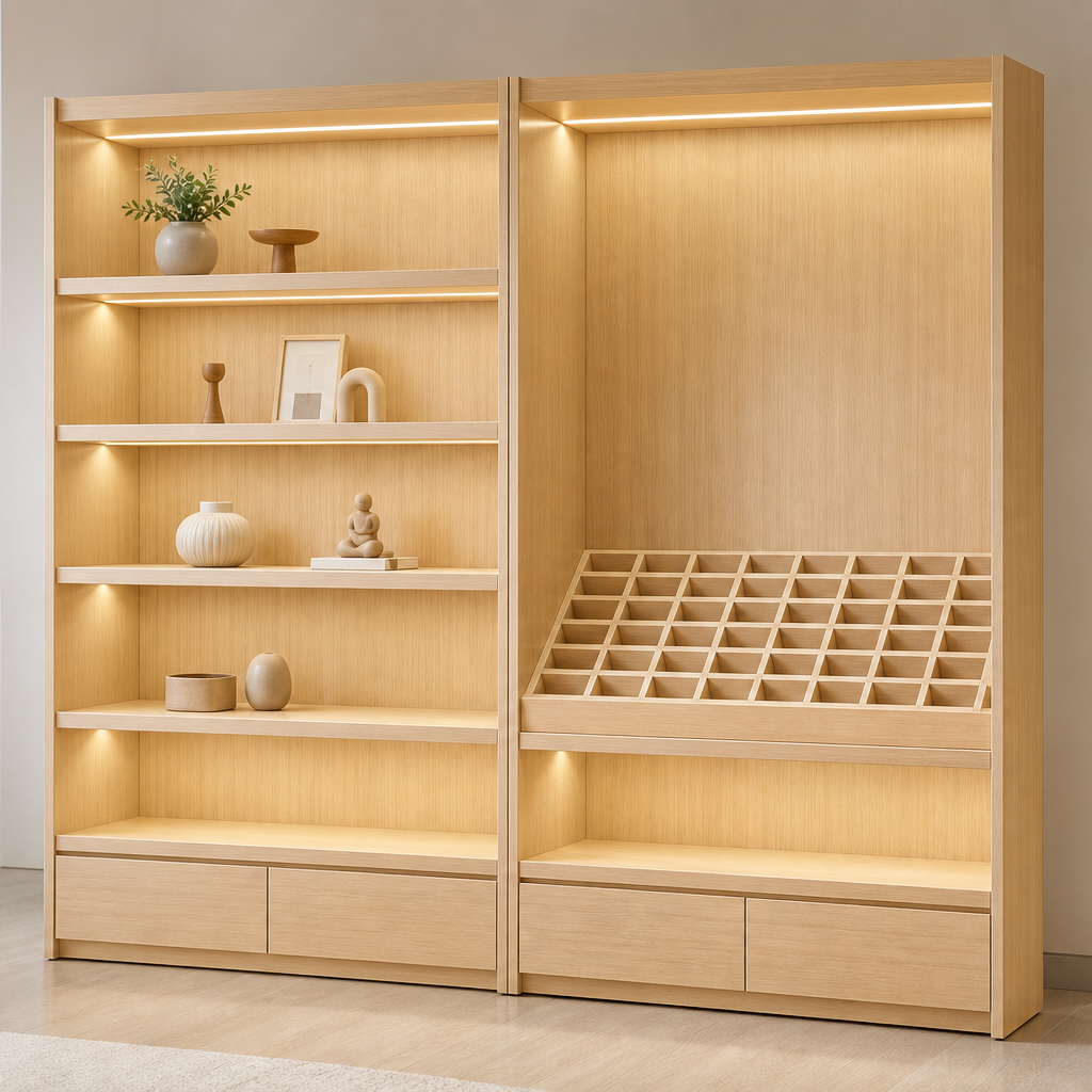 Natural Wood Shelf and Angled Grid Display Cabinet DC-014
