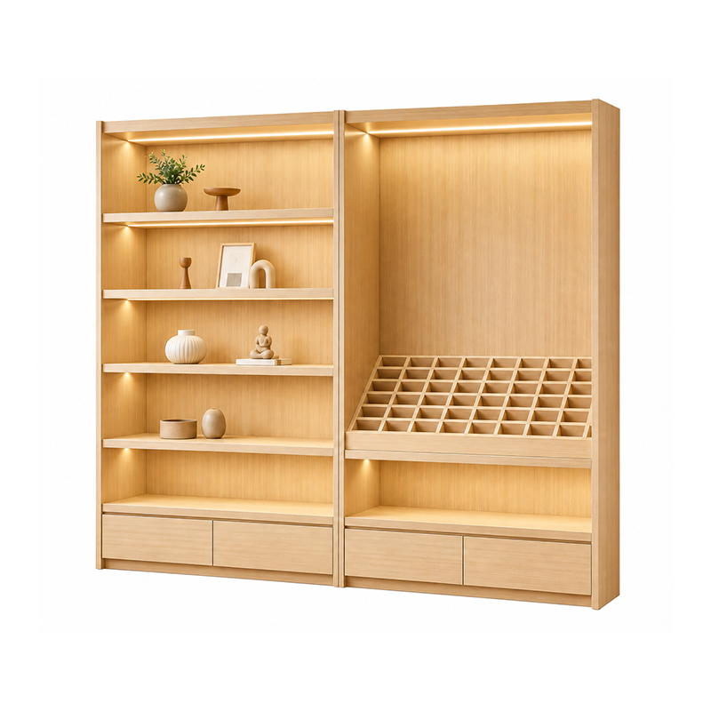 Natural Wood Shelf and Angled Grid Display Cabinet DC-014