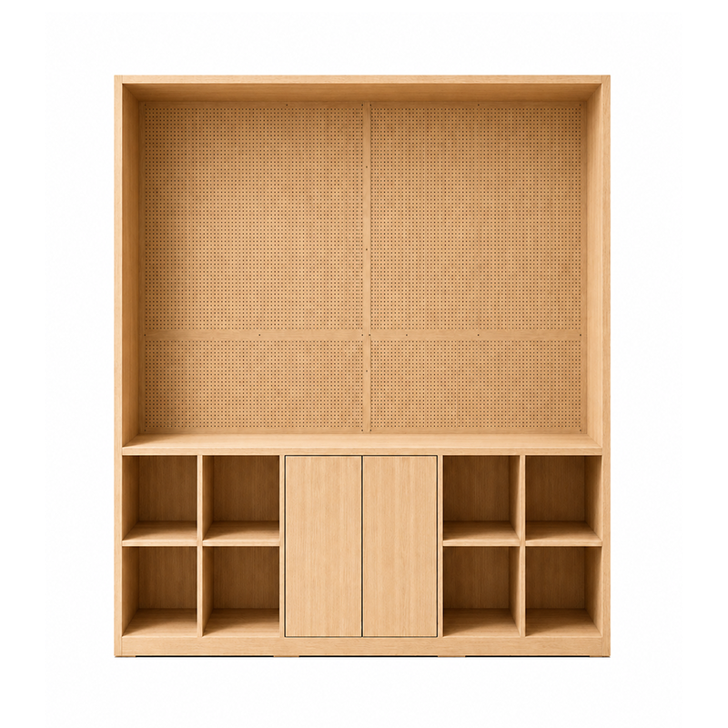 Natural Wood Pegboard Wall Display Cabinet with Storage Cubes DC-015