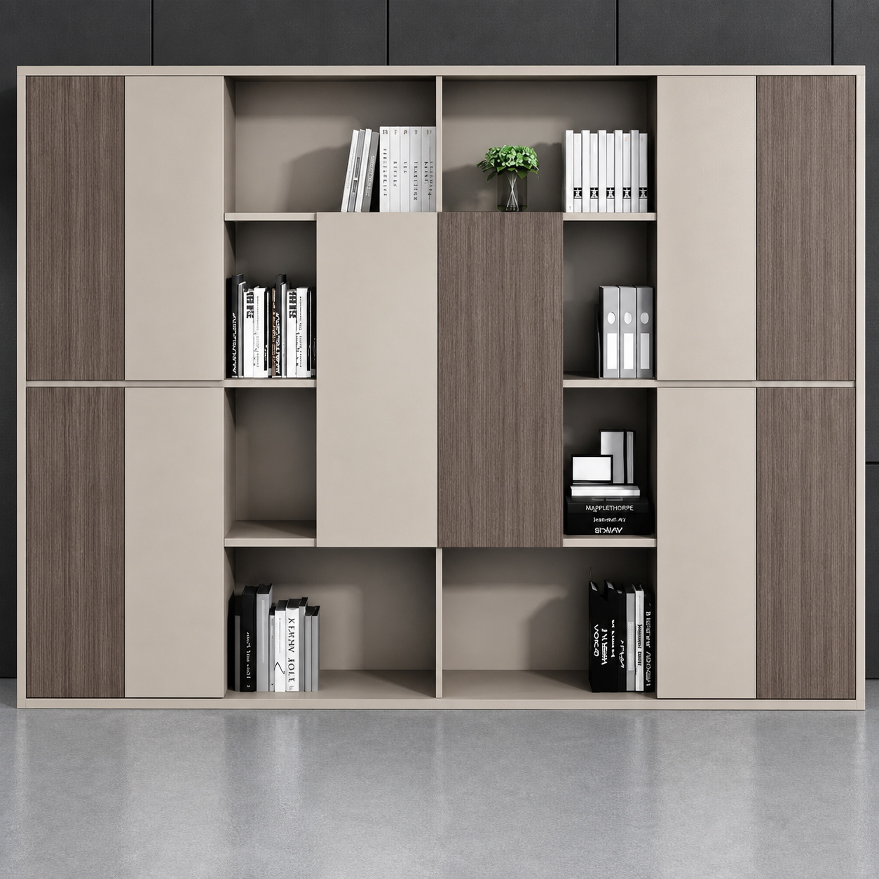 Large Modern Office Storage Cabinet with Open Shelves and Wood Doors EB-014