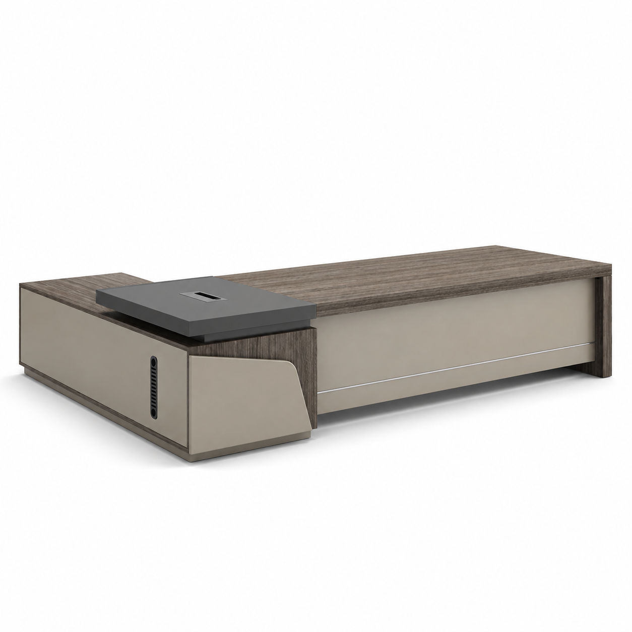 ED-042 executive office desk in walnut wood-grain and khaki on a white background