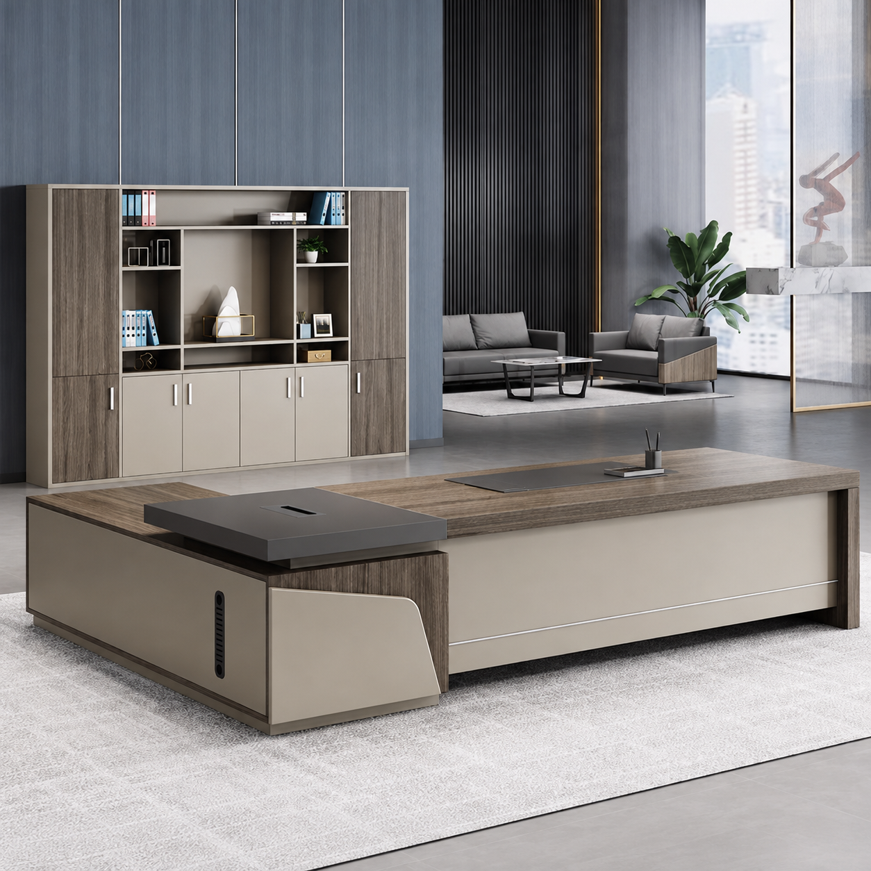 ED-042 walnut and khaki executive office desk in a contemporary office