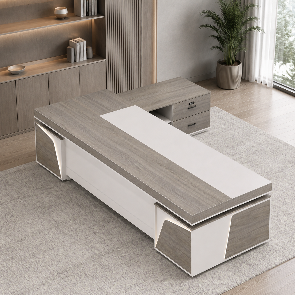 ED-043 khaki executive office desk in a contemporary office