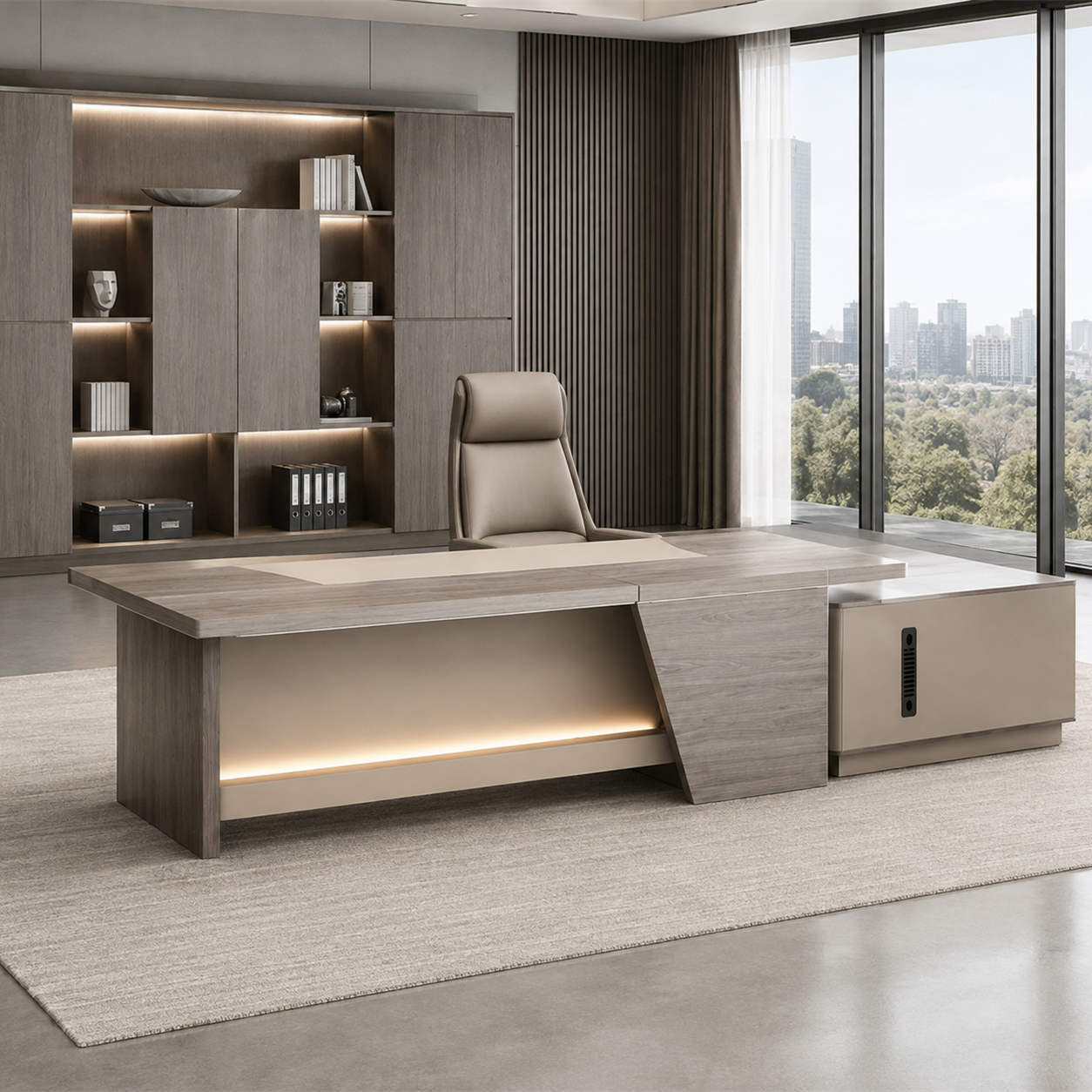 ED-044 walnut and khaki executive office desk in a contemporary office