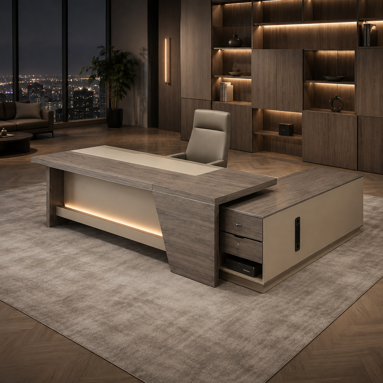ED-044 walnut and khaki executive office desk in an executive office at night