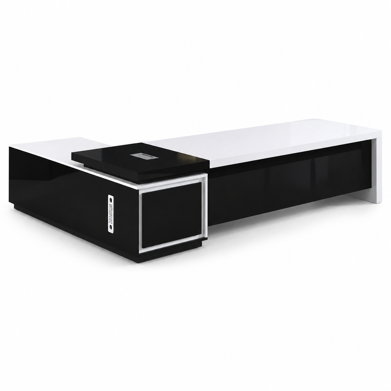 ED-045 high-gloss black and white executive office desk on a white background