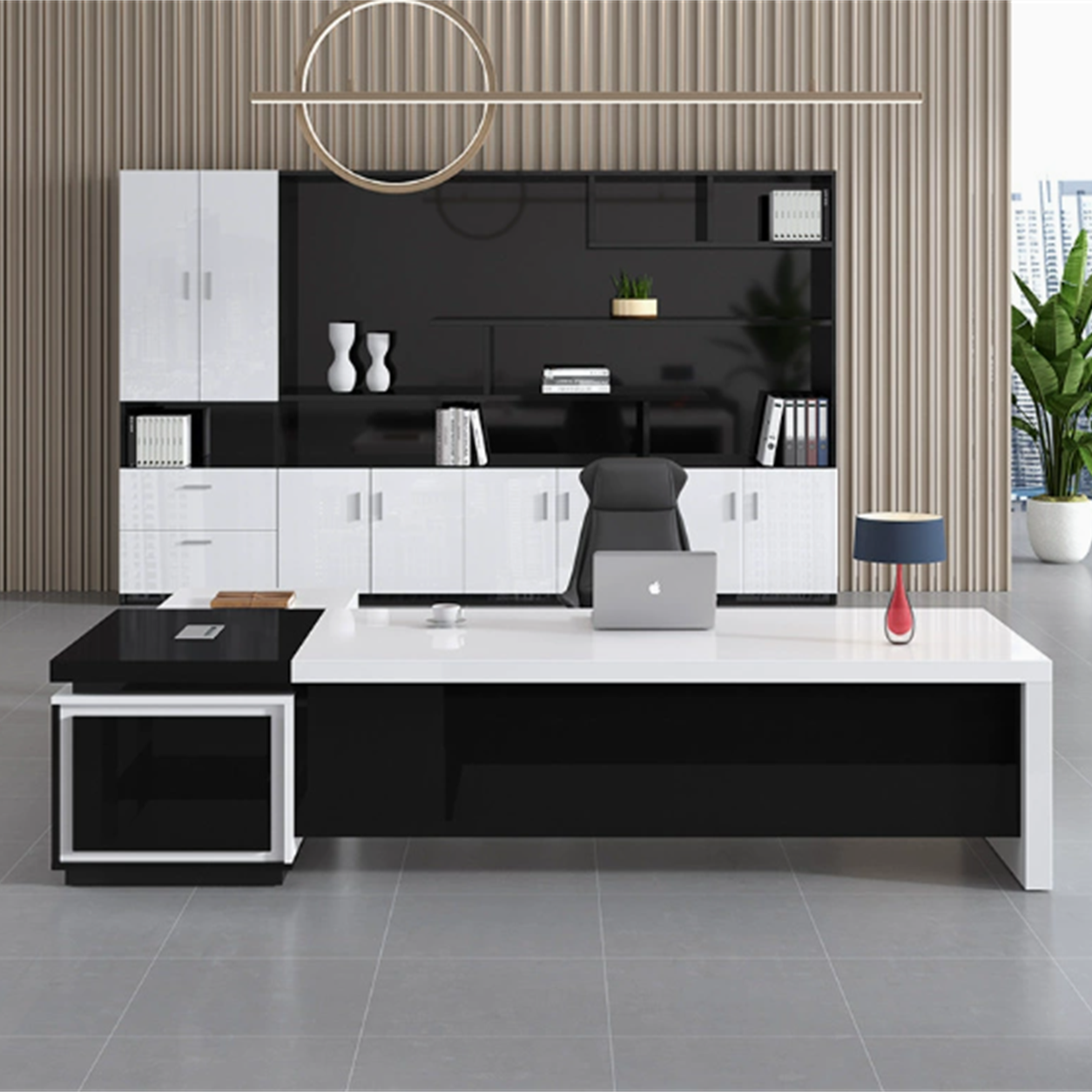 ED-045 high-gloss black and white executive office desk in an office