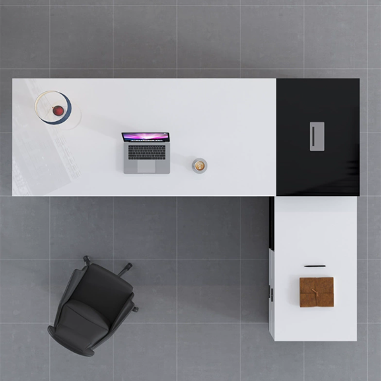 ED-045 high-gloss black and white executive office desk from above