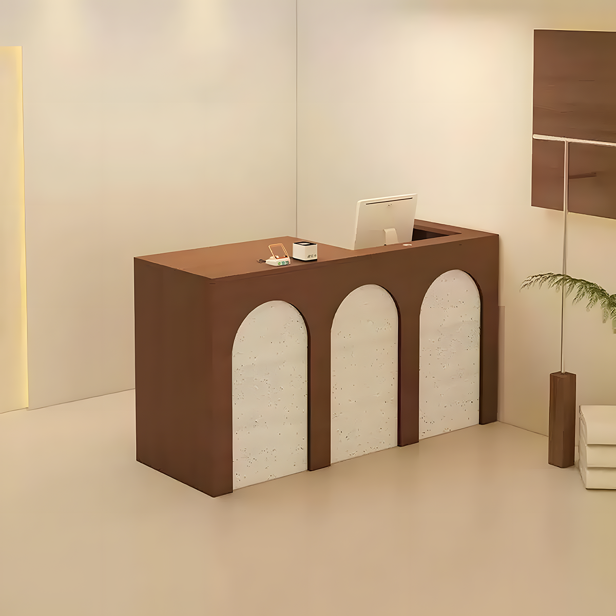 French-Style Arched Travertine Finish + Brown Reception Desk