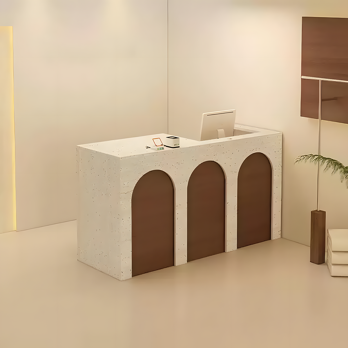 French-Style Arched Travertine Finish  + Brown Reception Desk