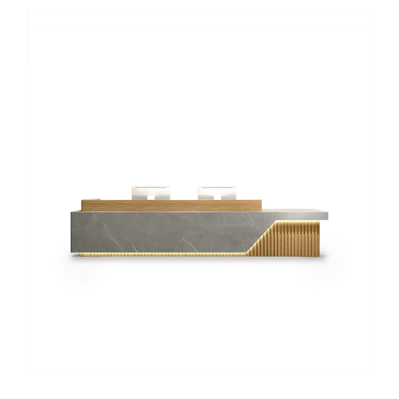 Fully Assembled Minimalist Grey Marble Finish + Natural Reception Desk with LED for Lobby